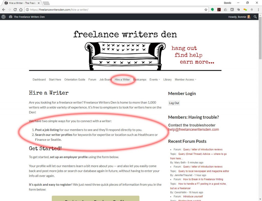 Screen shot of Freelance Writers Den Hire a Writer page