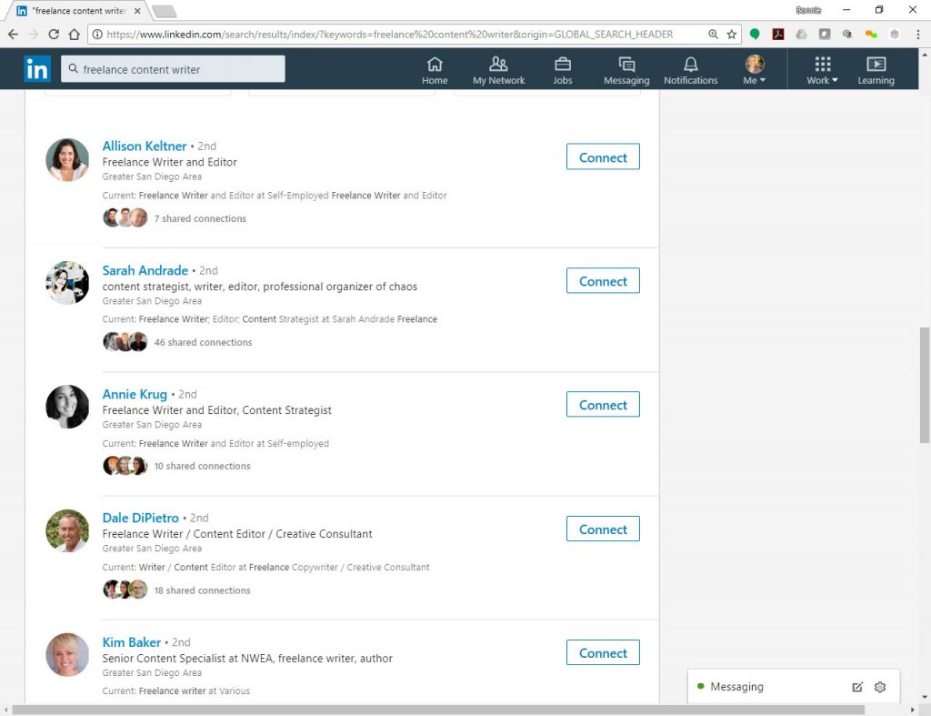 Screen shot of LinkedIn search results for how to find freelance writers