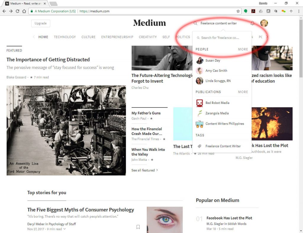 Image of Medium search function on how to find freelance writers