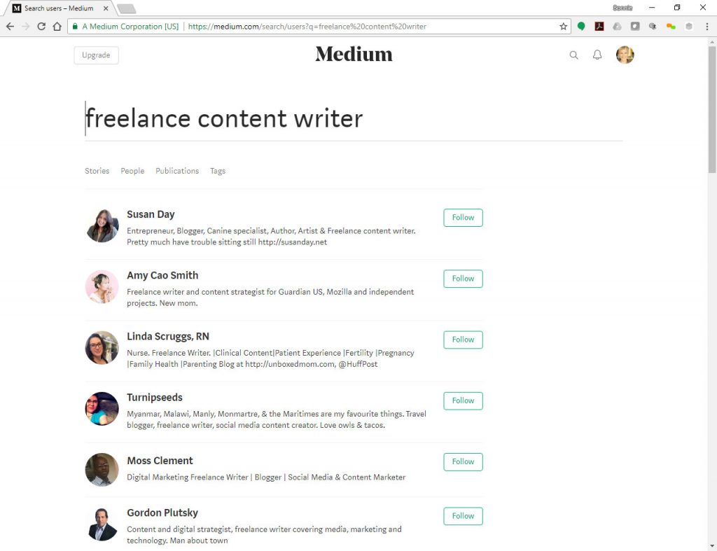 Screen shot of Medium search results for blog post on how to find freelance writers